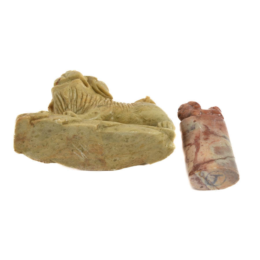Two Chinese Carved Soapstone Guardian Lion Statues-8