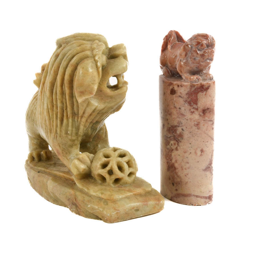 Two Chinese Carved Soapstone Guardian Lion Statues-6