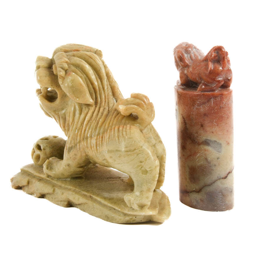 Two Chinese Carved Soapstone Guardian Lion Statues-4