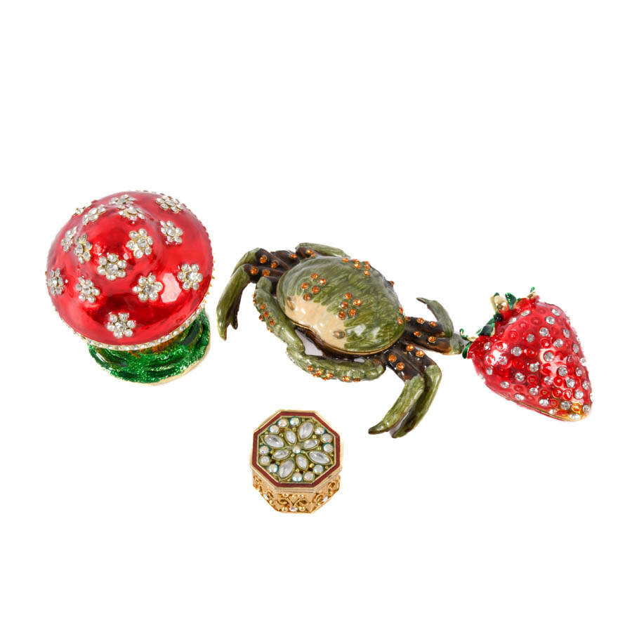 Grouping of Four Figural Jeweled Boxes: Strawberry, Crab, Box, and Mushroom-2