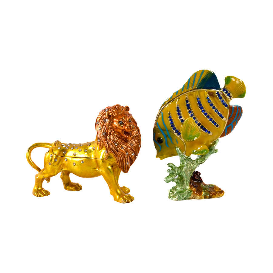 Grouping of Four Figural Jeweled Boxes: Lion, Fish, Elephant, and Swan-4