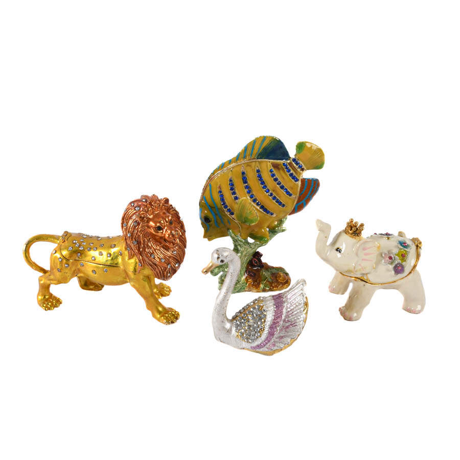 Grouping of Four Figural Jeweled Boxes: Lion, Fish, Elephant, and Swan-2