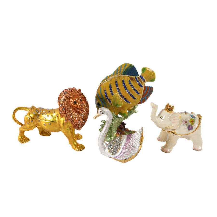 Grouping of Four Figural Jeweled Boxes: Lion, Fish, Elephant, and Swan-1
