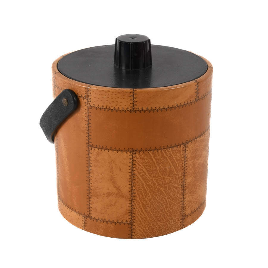 Mid-Century Modern Patchwork Leather Ice Bucket with Cup Holders-4