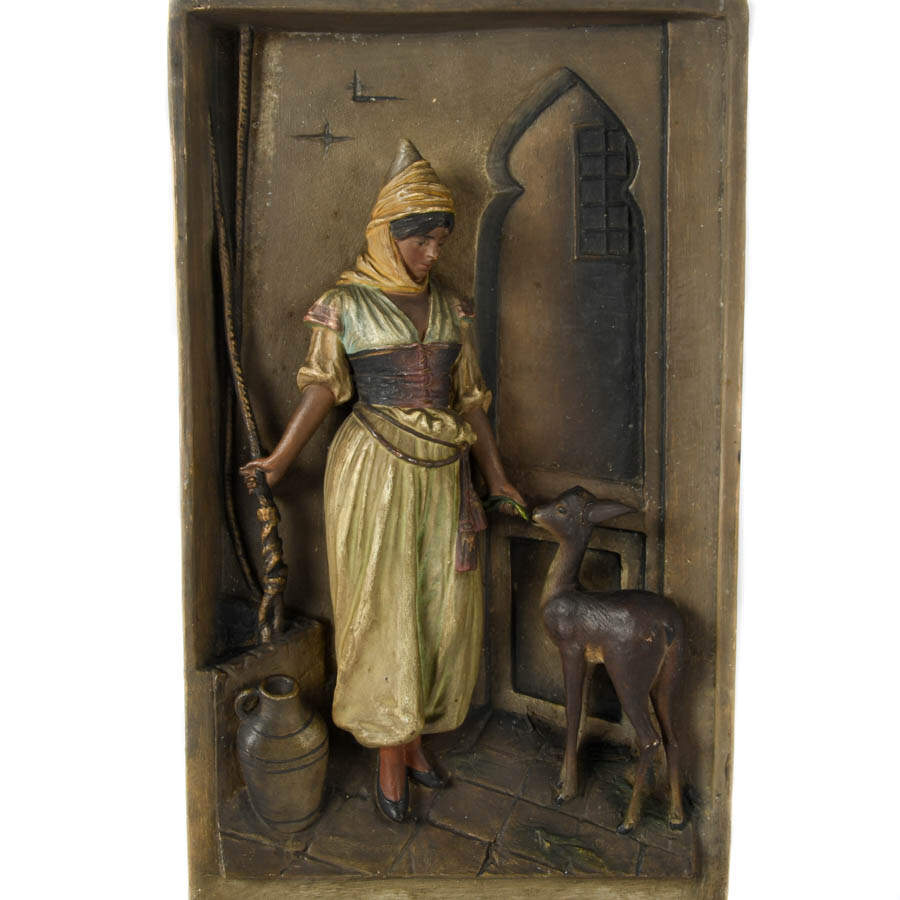Antique Pair of 3D Figural Orientalist Pottery Wall Plaques-5