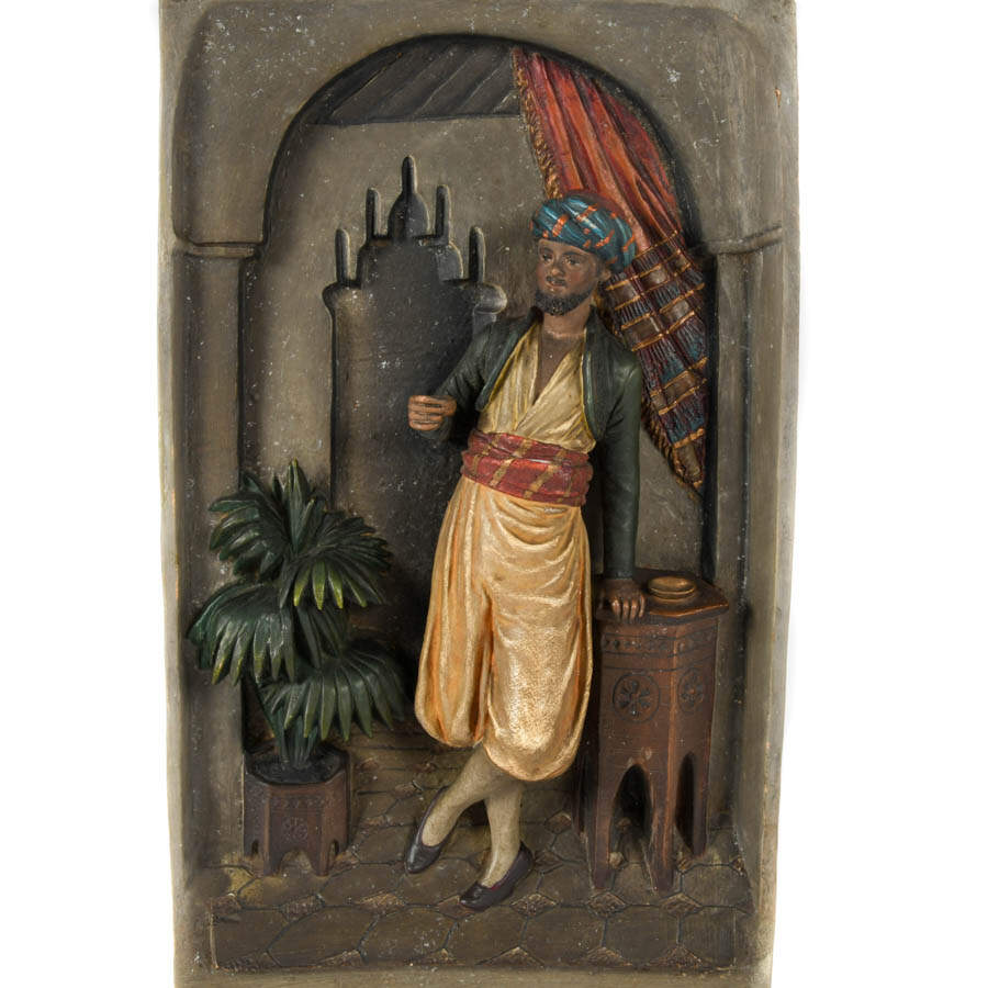 Antique Pair of 3D Figural Orientalist Pottery Wall Plaques-4