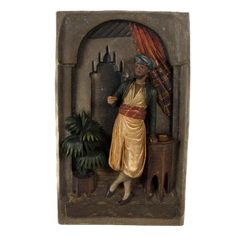 Antique Pair of 3D Figural Orientalist Pottery Wall Plaques-3
