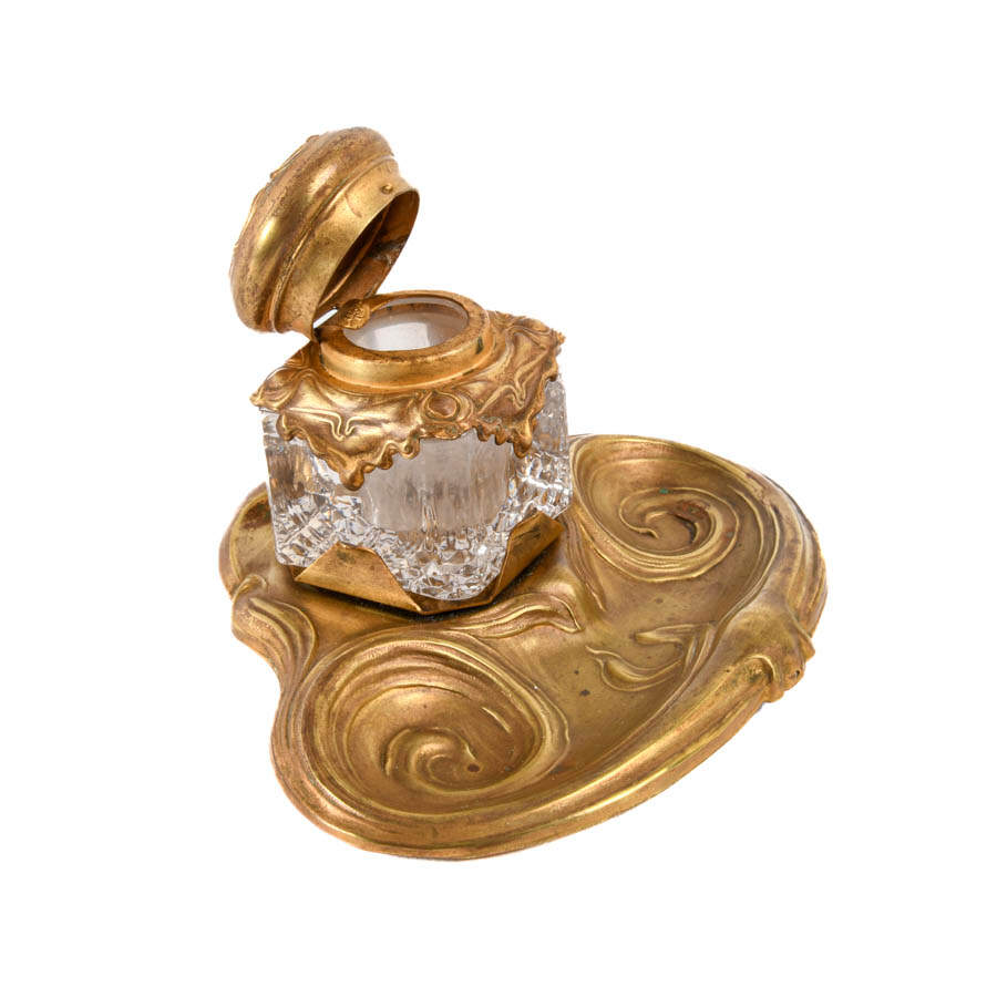 Antique Art Nouveau Brass Inkwell-7