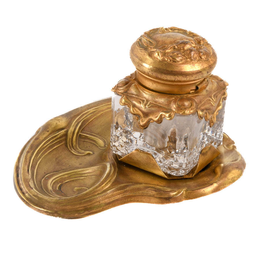 Antique Art Nouveau Brass Inkwell-5