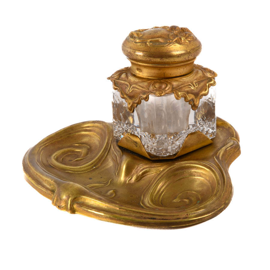 Antique Art Nouveau Brass Inkwell-4