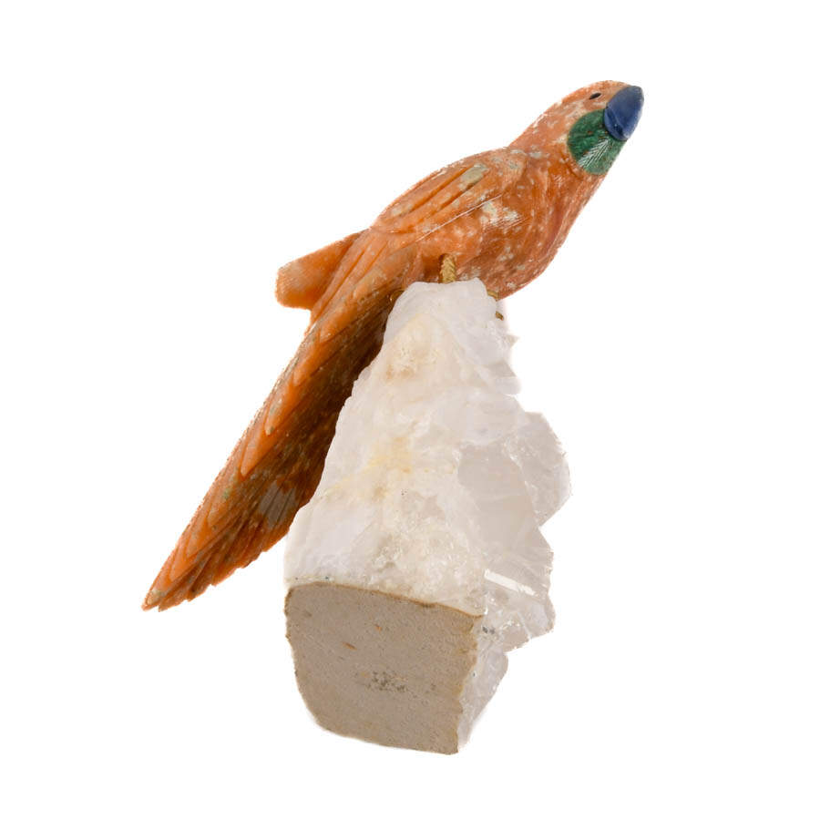 Hand-Carved Hardstone Parrot and Lapi Beak on Quartz Geode-8