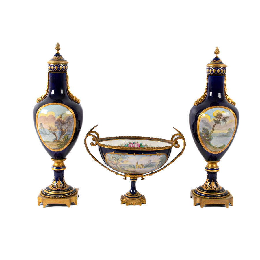 Set of Three Sèvres Porcelain and Bronze Jardinière and Urn Set-5