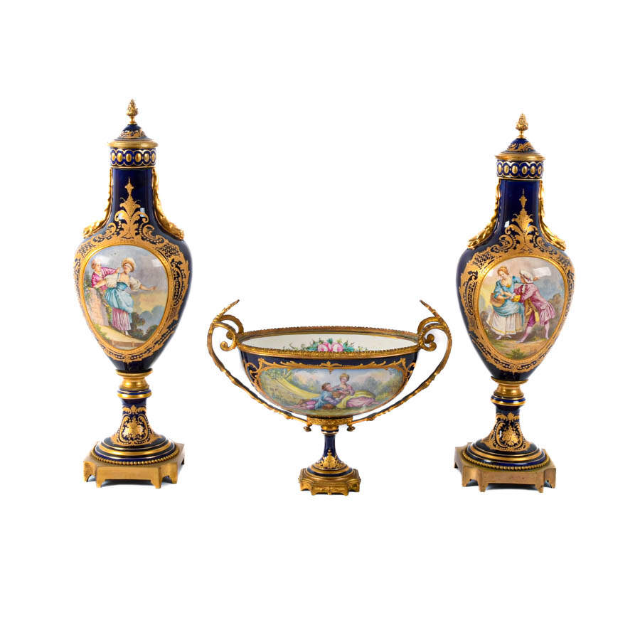 Set of Three Sèvres Porcelain and Bronze Jardinière and Urn Set-1