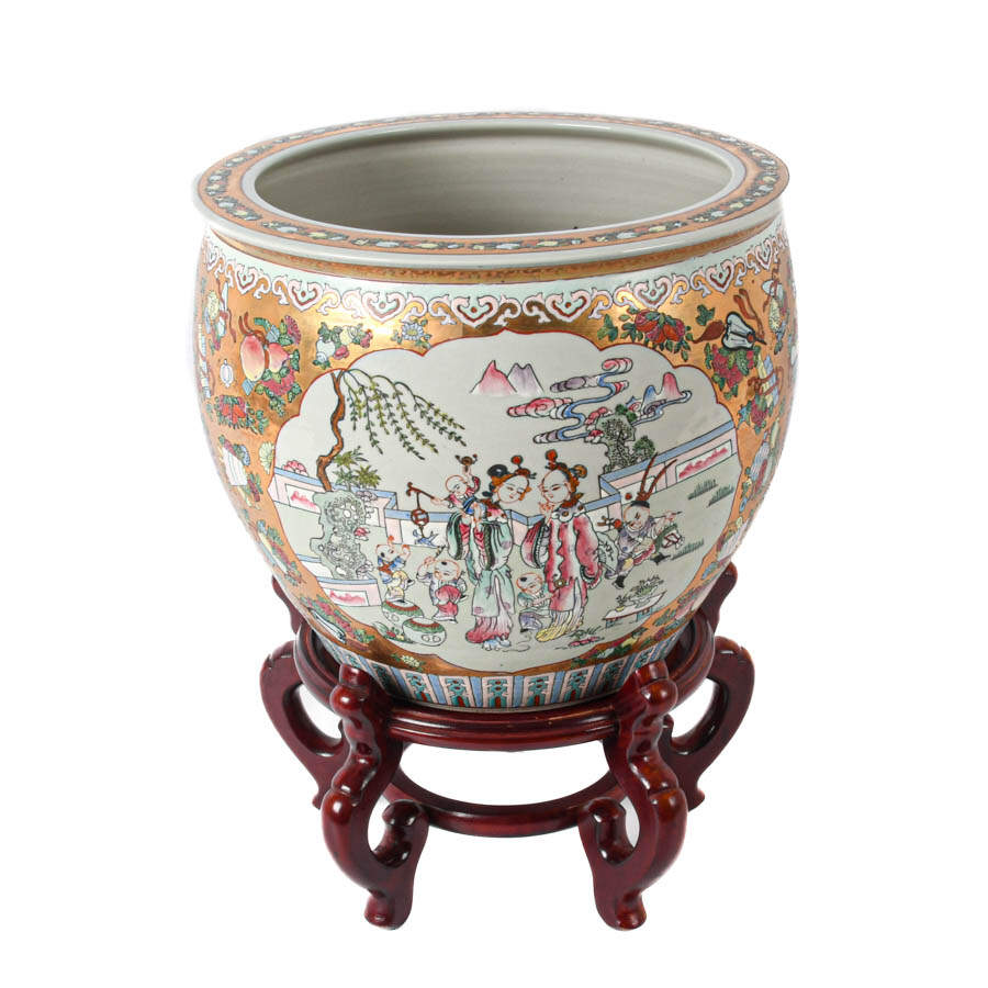Chinese Famille Rose Fishbowl Planter with Stand-4