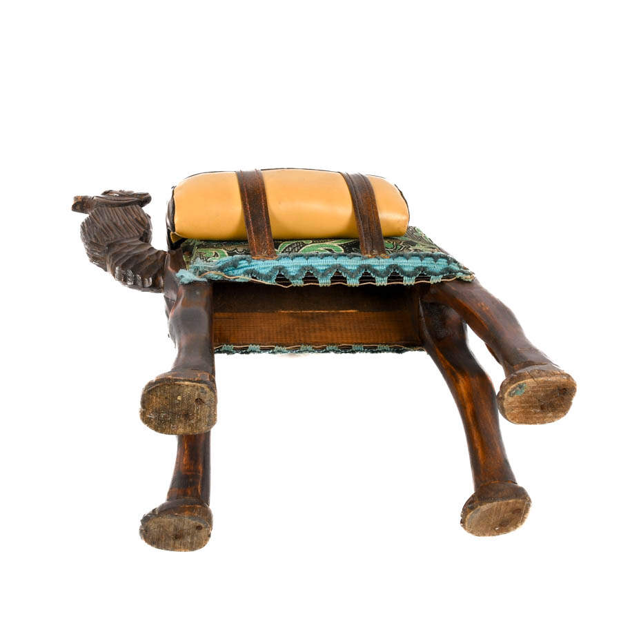 Hand-Carved Wooden Camel Stool with Upholstered Leather Saddle-7