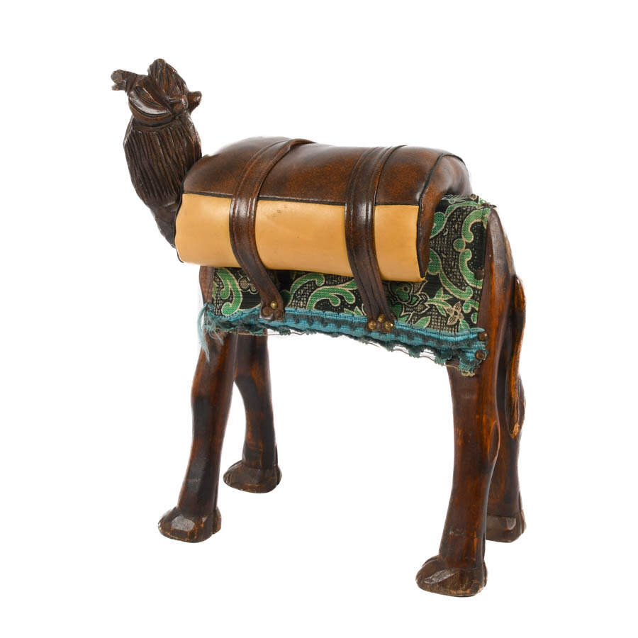 Hand-Carved Wooden Camel Stool with Upholstered Leather Saddle-6