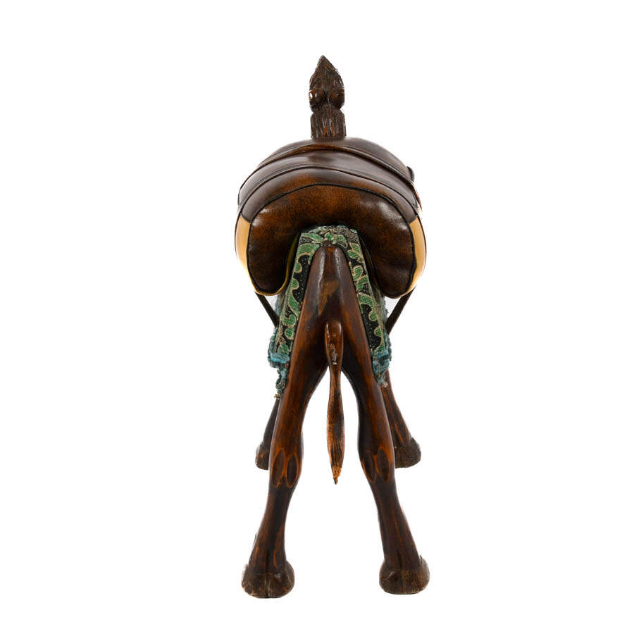 Hand-Carved Wooden Camel Stool with Upholstered Leather Saddle-5
