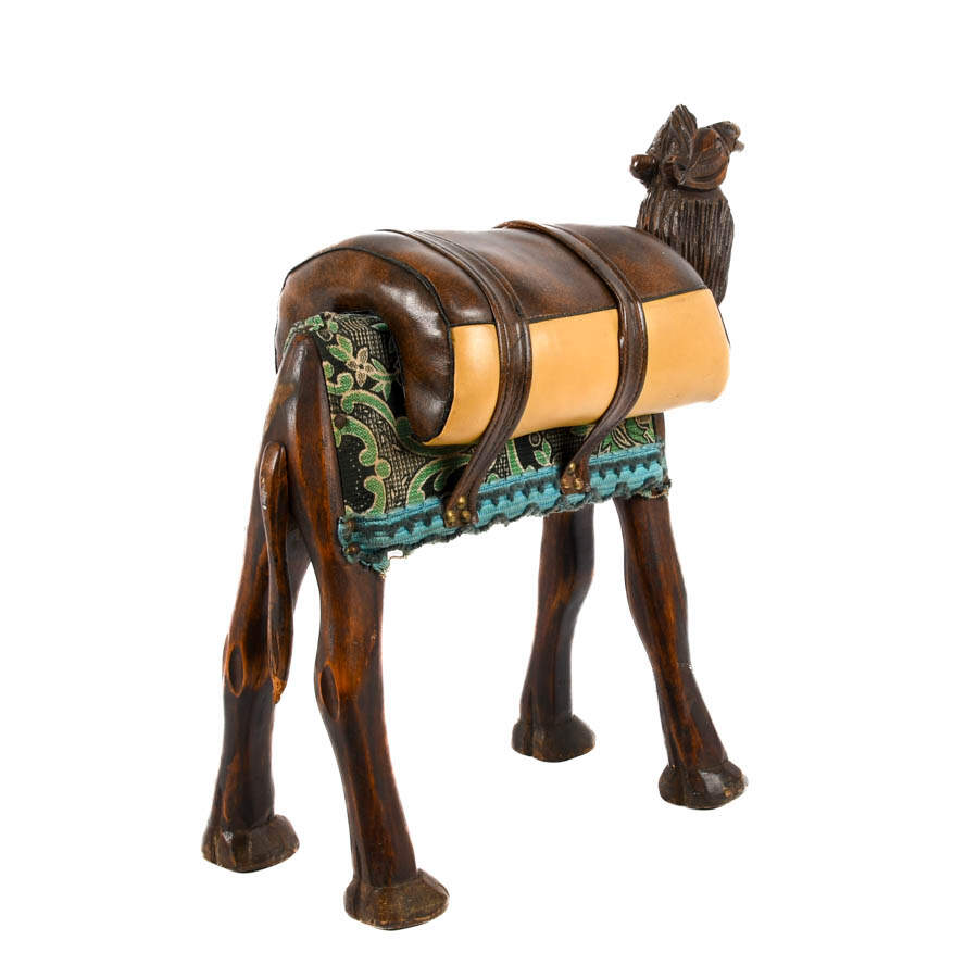Hand-Carved Wooden Camel Stool with Upholstered Leather Saddle-4