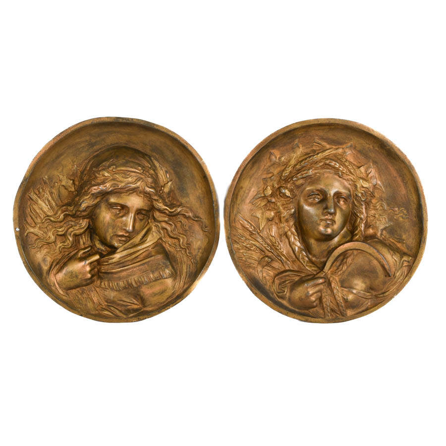 Pair of Gilt Metal Classical Greek Figural Architectural Detail Plaques-1