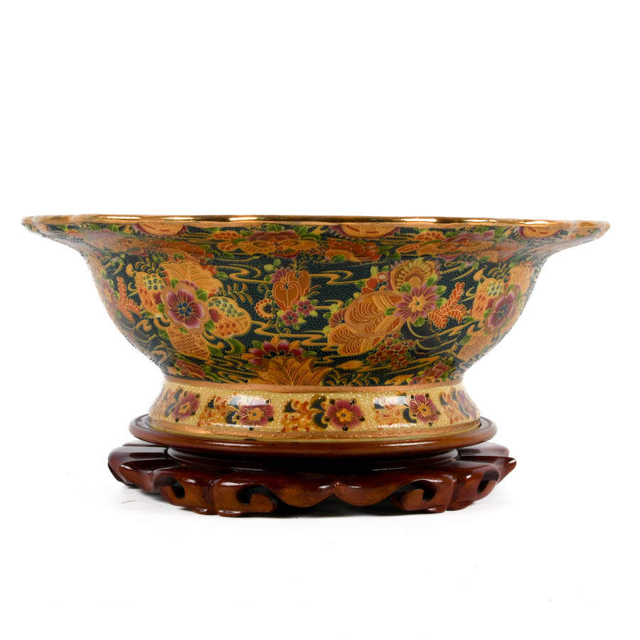 Royal Satsuma Porcelain Centerpiece Bowl with Rosewood Base-2