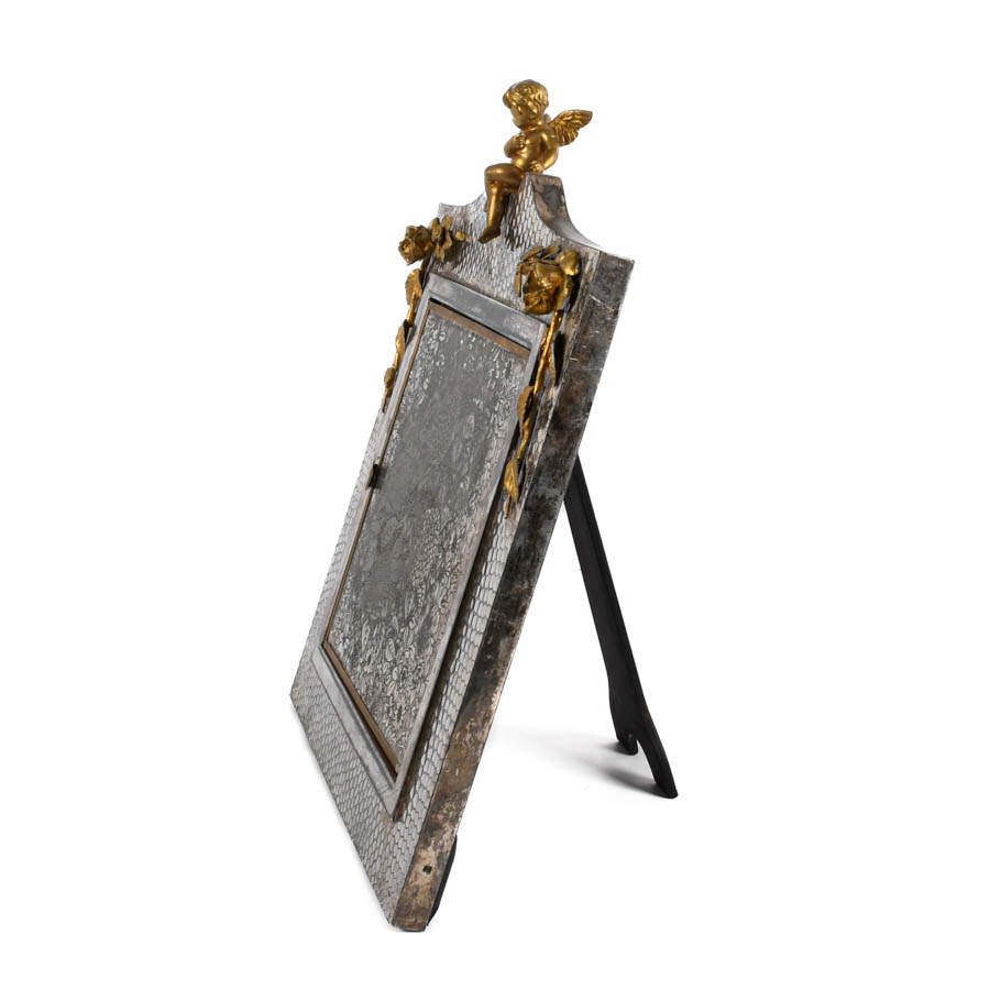 Ornate Silver and Brass Figural Motif Triptych Vanity Mirror-6