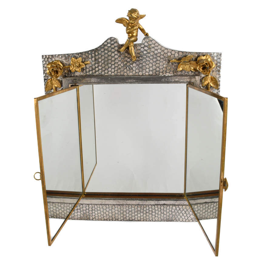 Ornate Silver and Brass Figural Motif Triptych Vanity Mirror-5