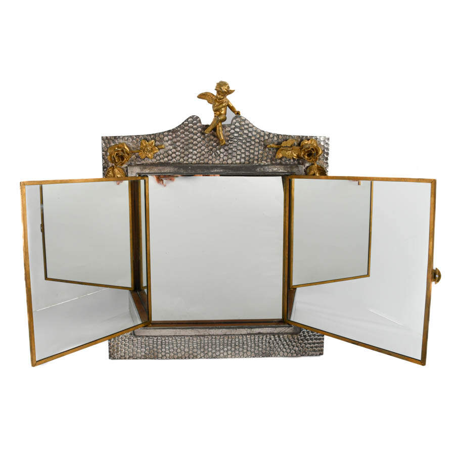 Ornate Silver and Brass Figural Motif Triptych Vanity Mirror-4