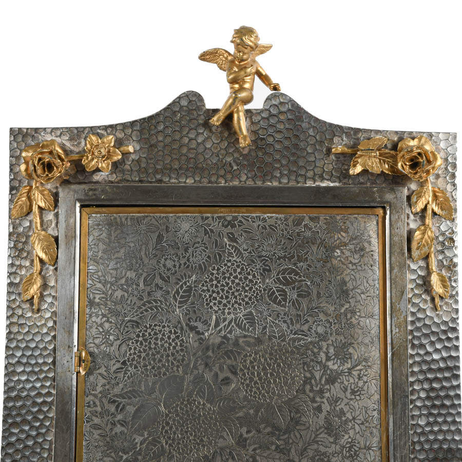 Ornate Silver and Brass Figural Motif Triptych Vanity Mirror-2