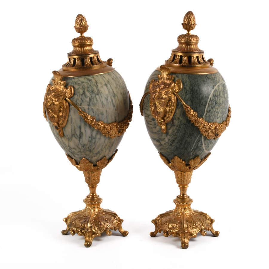 Antique Pair of Bronze and Green Marble French Balusters-4