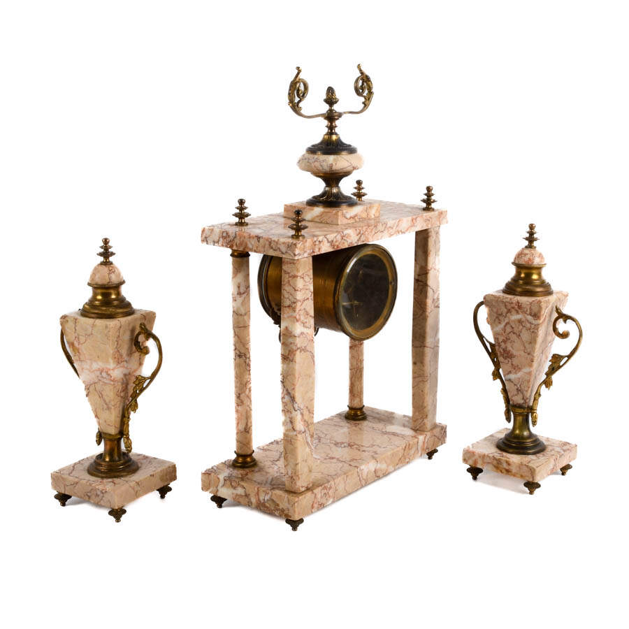 Antique French Delamont Marble Clock and Garnitures Set-5