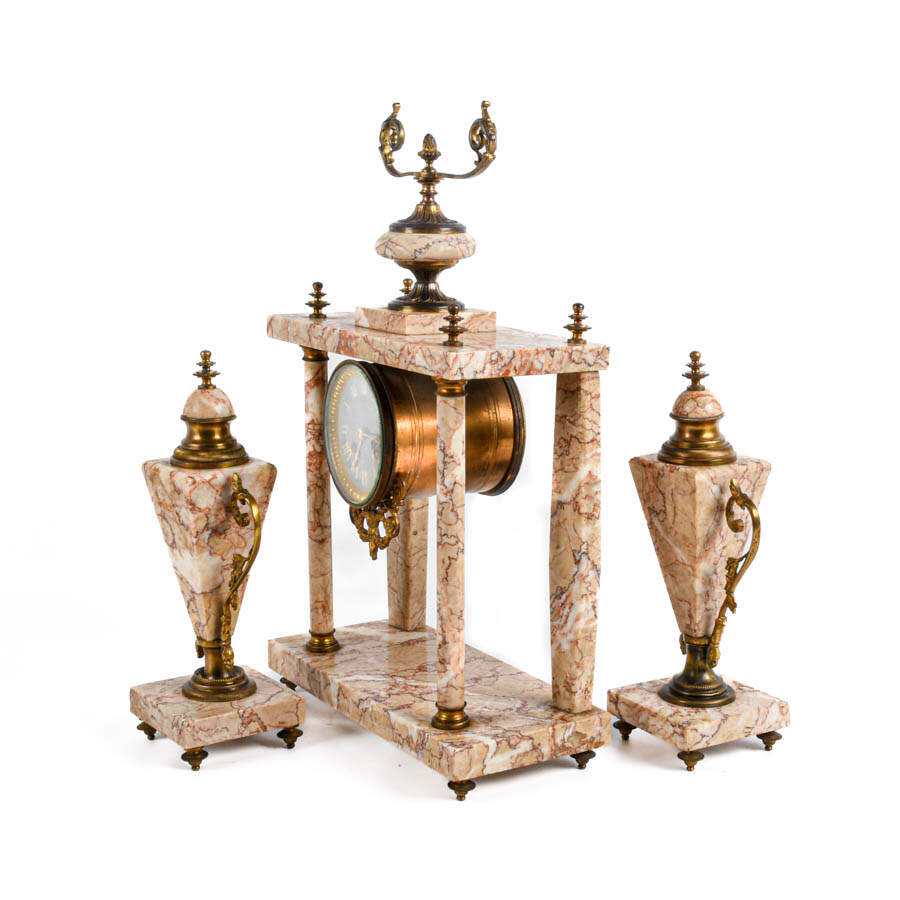Antique French Delamont Marble Clock and Garnitures Set-4