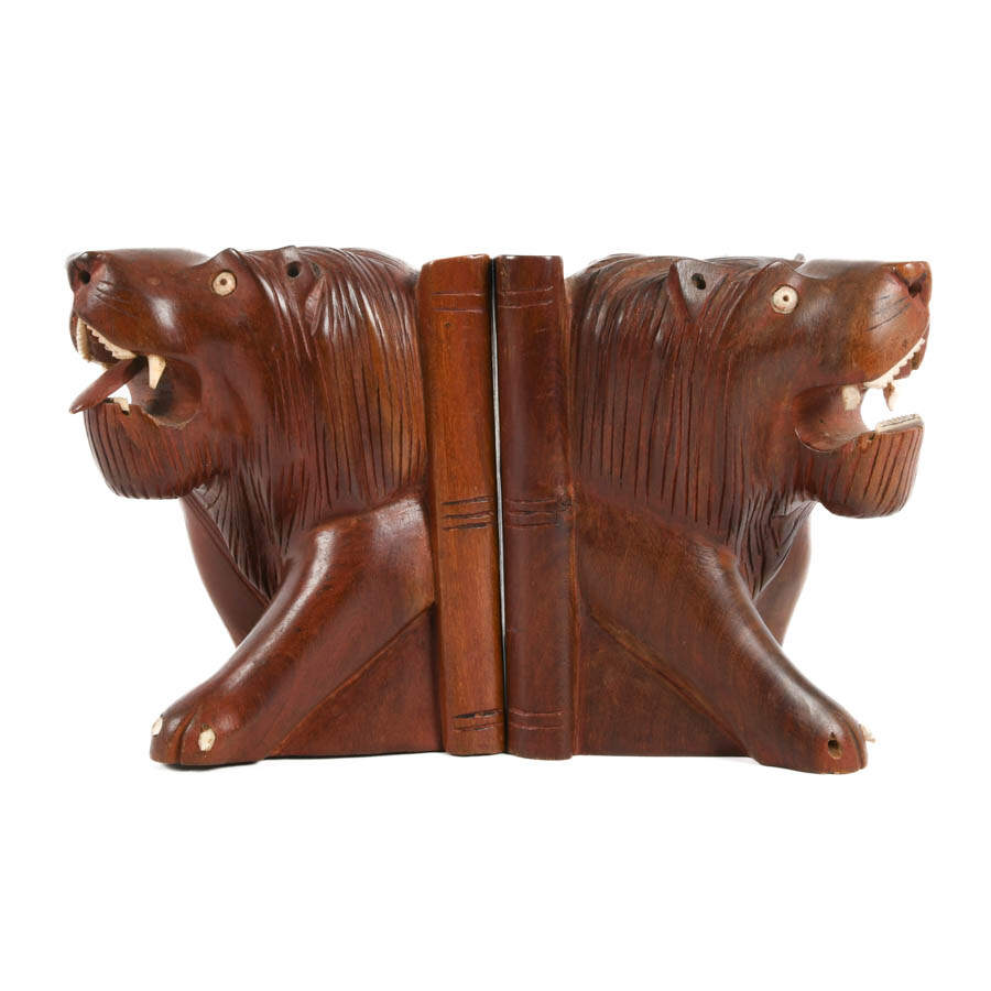 Pair of Carved Wood Lion Bookends-2