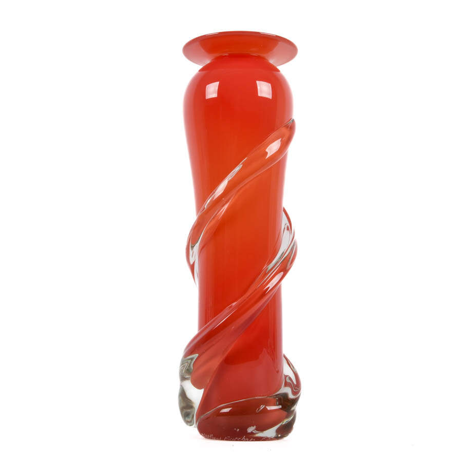 Signed Matthew Buechner Orange Crystal Art Glass Vase-4