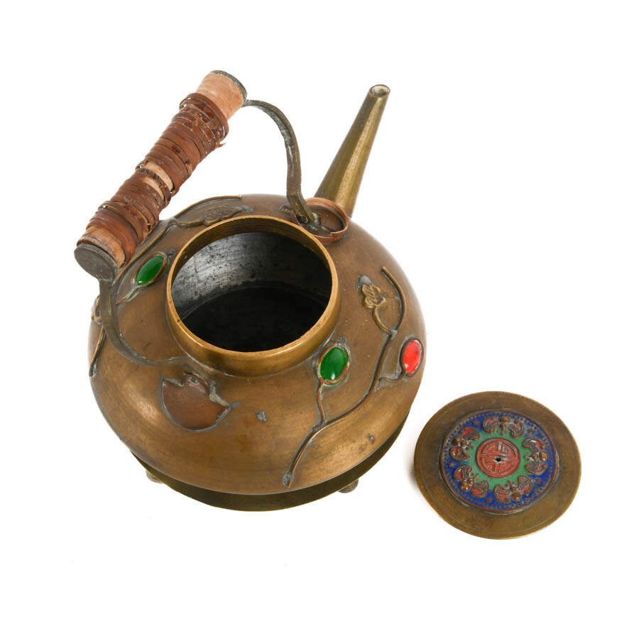 Chinese Brass Inlaid Stone Teapot on Stand-5