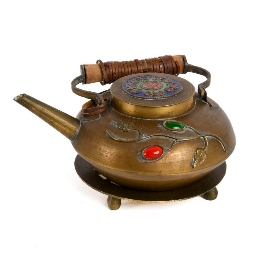 Chinese Brass Inlaid Stone Teapot on Stand-4