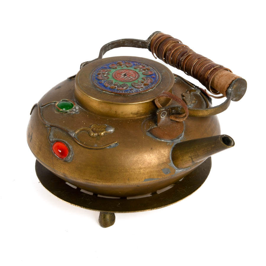 Chinese Brass Inlaid Stone Teapot on Stand-3