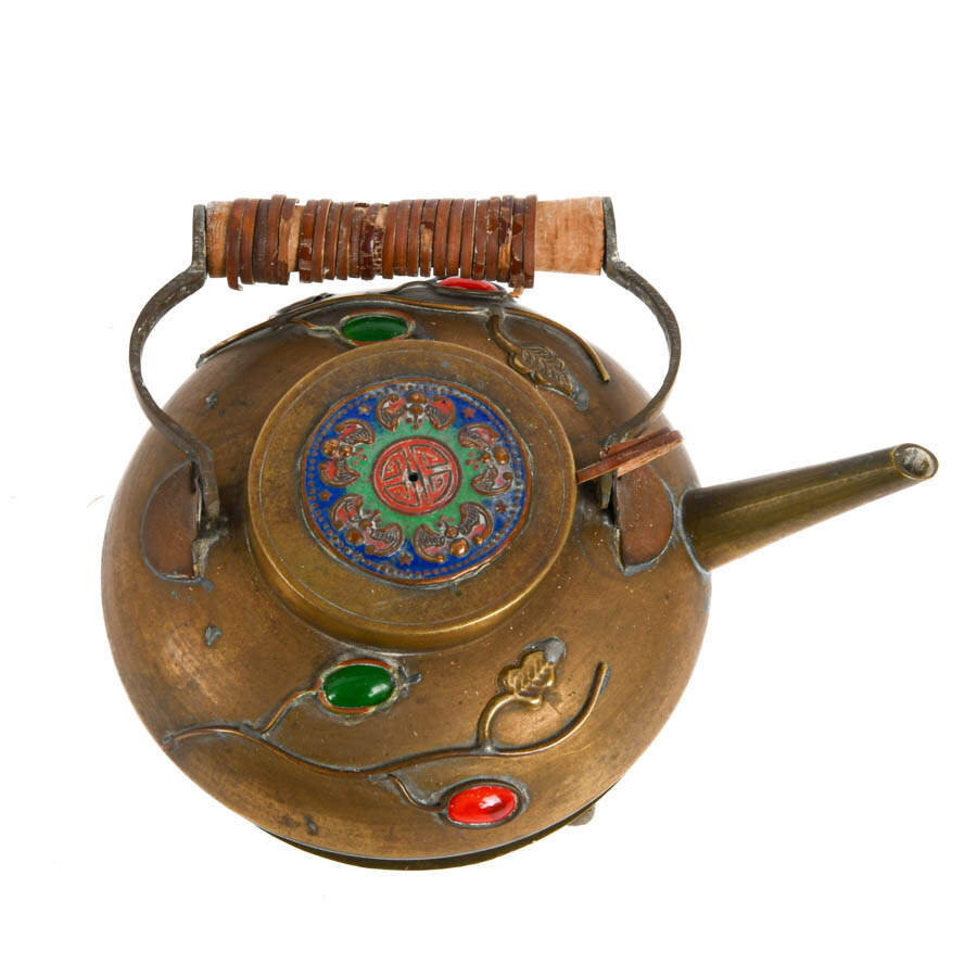 Chinese Brass Inlaid Stone Teapot on Stand-2