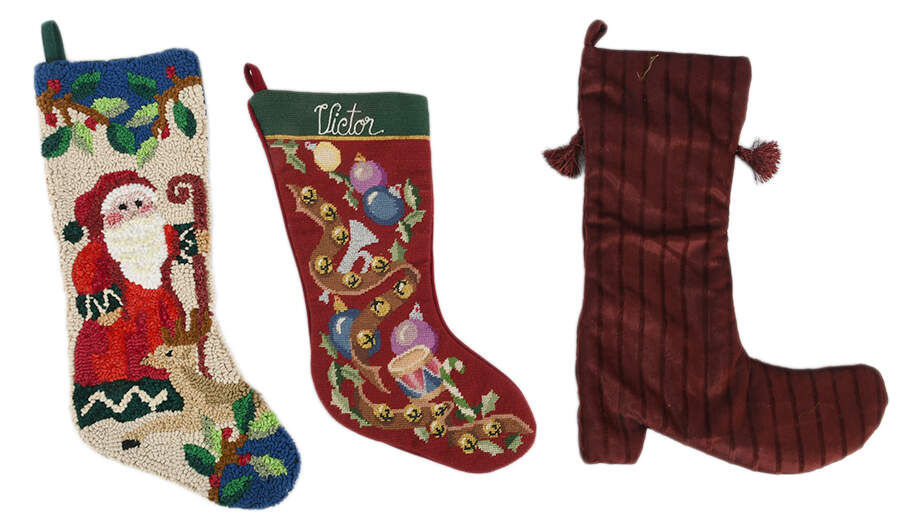 Grouping of Three Velvet and Needlework Christmas Stockings-1