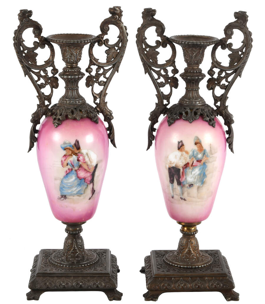 Antique Pair of Hand-Painted Porcelain and Metal Classical Couple Urns-1