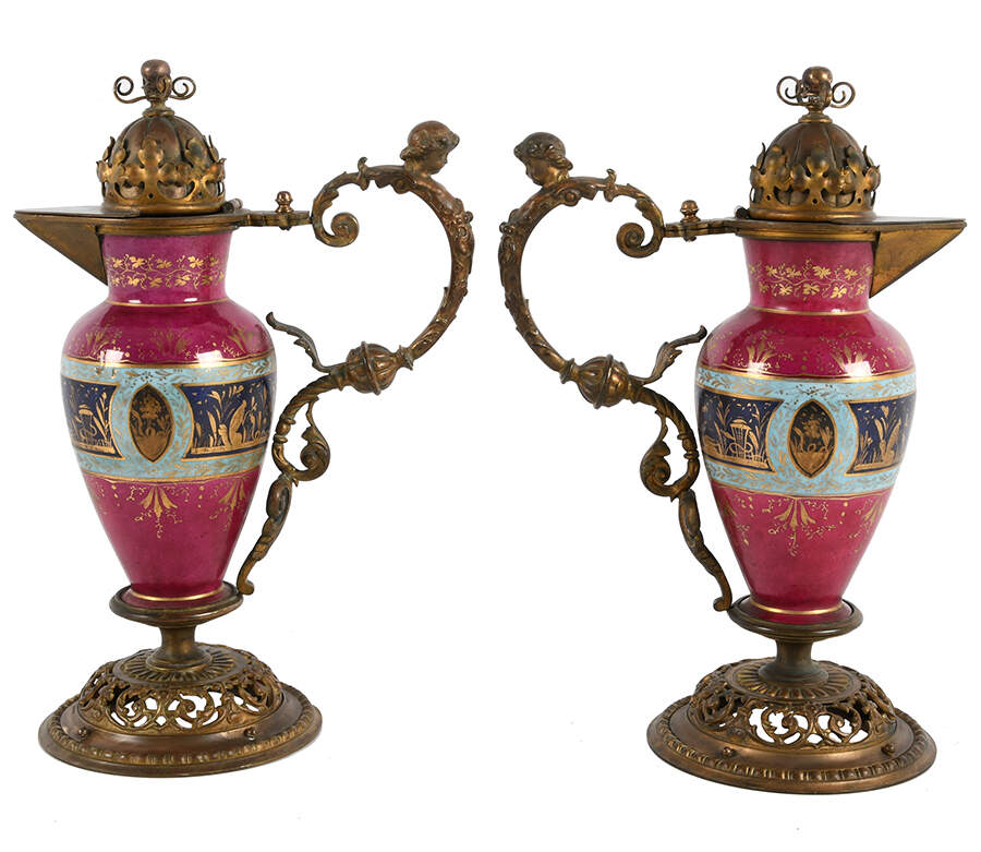Pair of Neoclassical Hand-Painted Porcelain and Brass Ewers-6