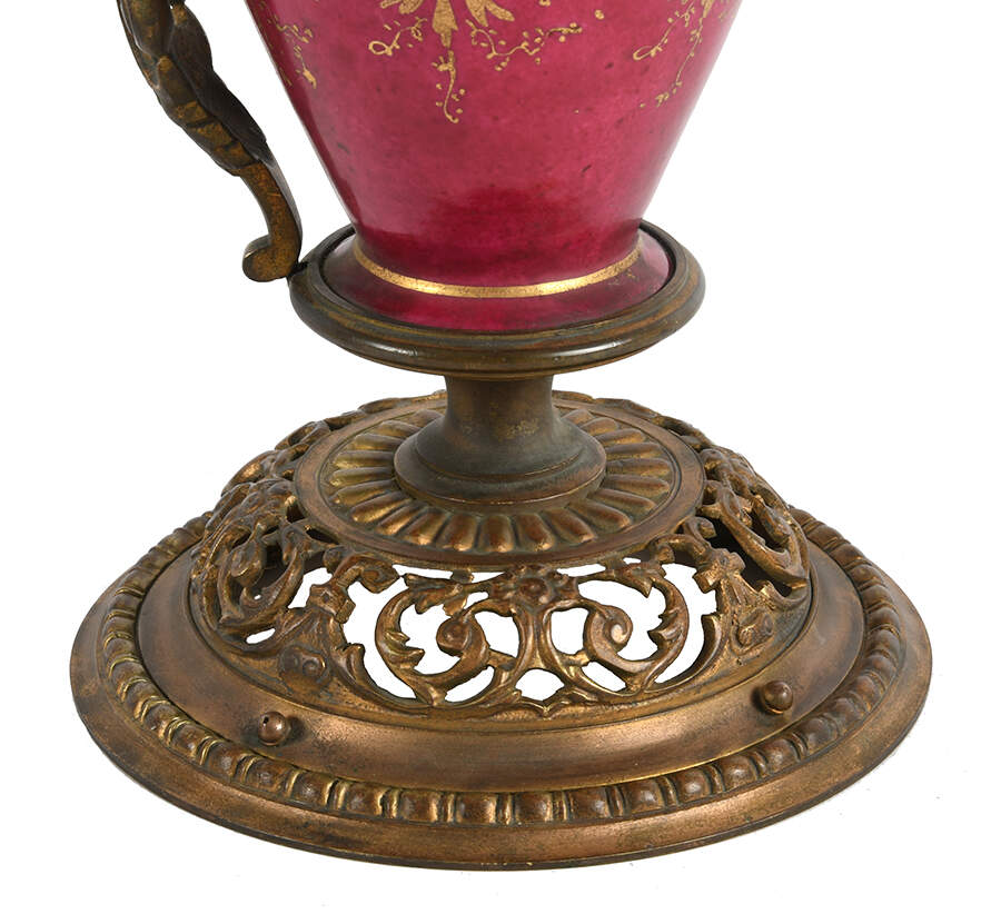 Pair of Neoclassical Hand-Painted Porcelain and Brass Ewers-5