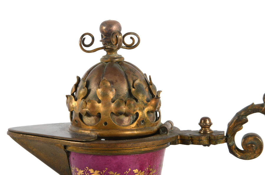 Pair of Neoclassical Hand-Painted Porcelain and Brass Ewers-4