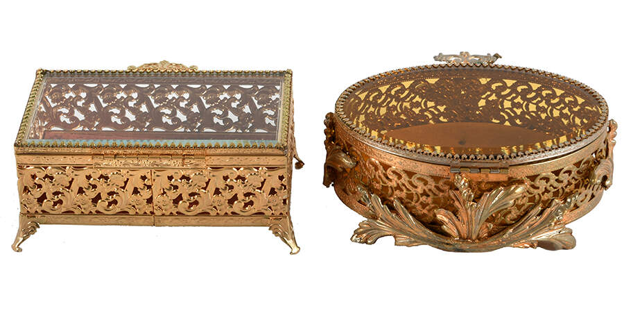 Set of Two Hollywood Regency Gold Filigree Dresser Boxes-3