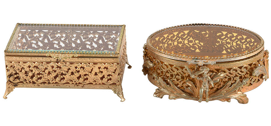 Set of Two Hollywood Regency Gold Filigree Dresser Boxes-1