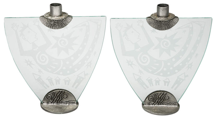 Pair of Whimsical Leandra Drumm Etched Glass Candleholders-1