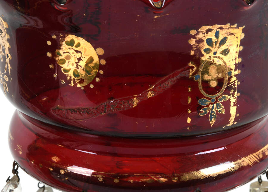 Antique Pair of Mantle Ruby Red and Gilt Lusters with Hanging Prisms-4