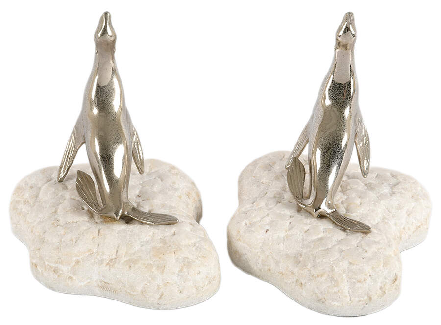 Pair of Chrome Metal Seals on Carved Stone Bookends-3