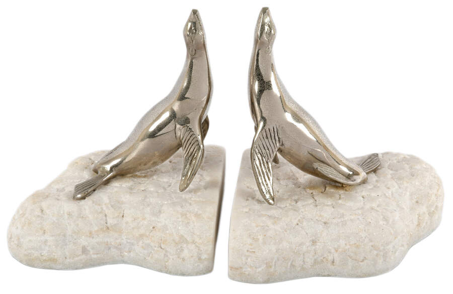 Pair of Chrome Metal Seals on Carved Stone Bookends-1