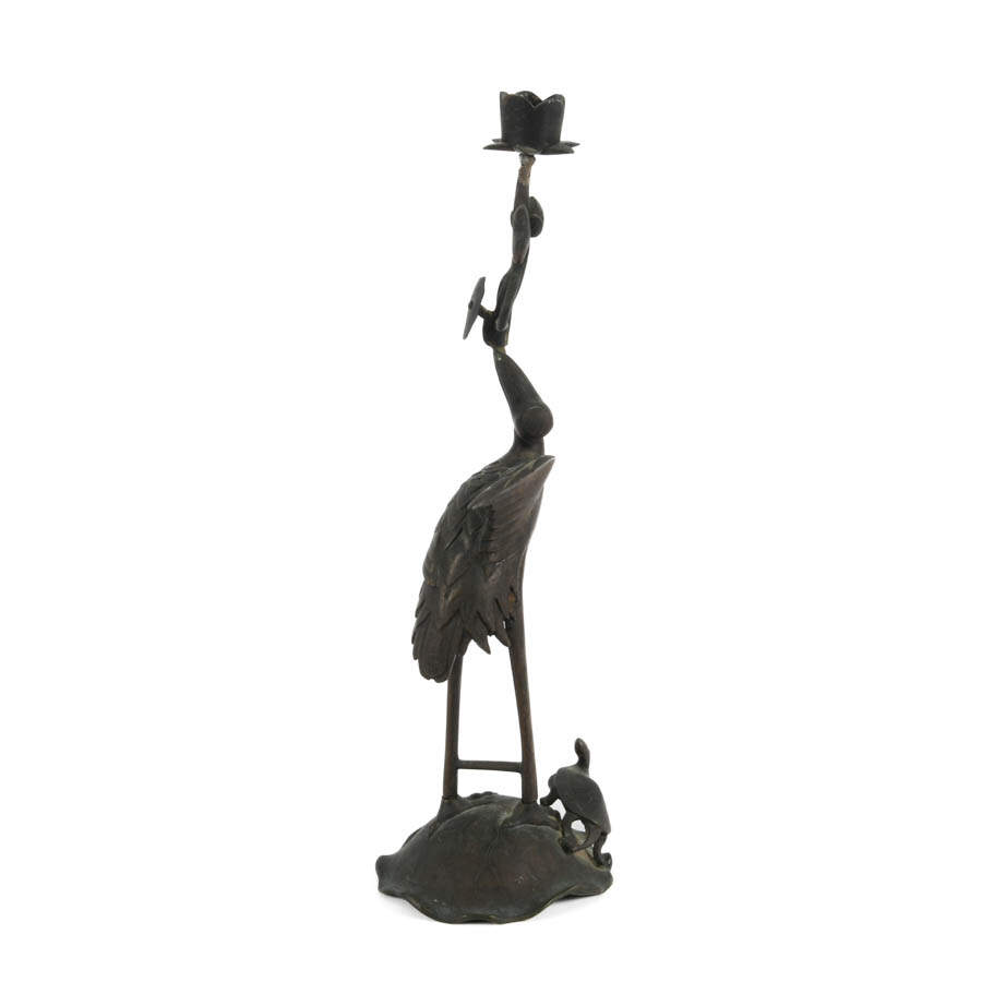 Japanese Bronze Crane and Turtle Grouping Candle Holder-5