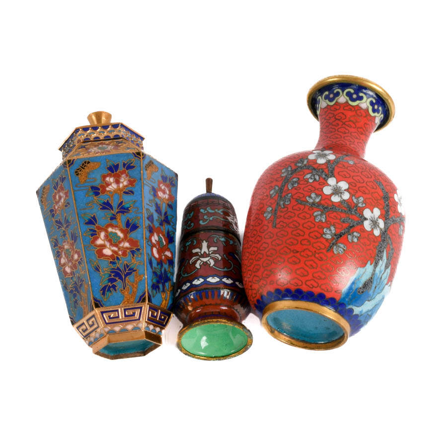 Grouping of Three Cloisonné Items: Holders and Vase-7